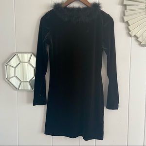Y2K Feather Trim Velvet Black Dress